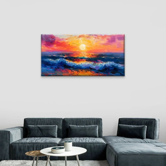 Ocean Sunset Waves Sea Wall Art Canvas Office Home Room Framed 80x45cm