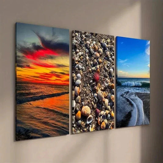 3pcs Vibrant Beach Sunset Seashells & Waves Wall Art Set Canvas Framed 40x60cm - High Quality Print 100% Australian Made Wall Canvas Ready to Hang