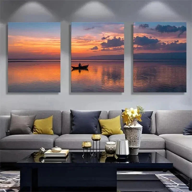 3pcs Tranquil Sunset & Boat on a Lake Prints Wall Art Set Canvas Framed 40x60cm - High Quality Print 100% Australian Made Wall Canvas Ready to Hang