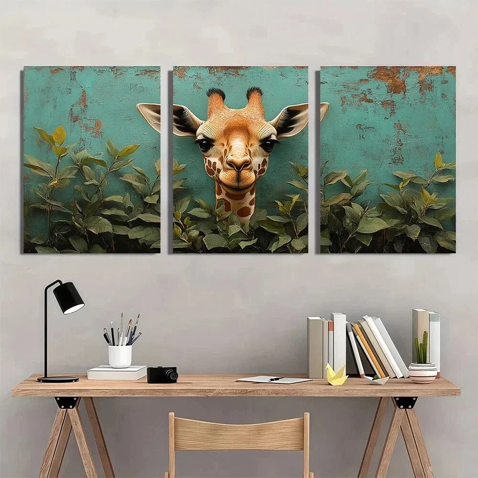 3pcs Whimsical Bubble Gum Giraffe Metal Print Ready to Hang Art