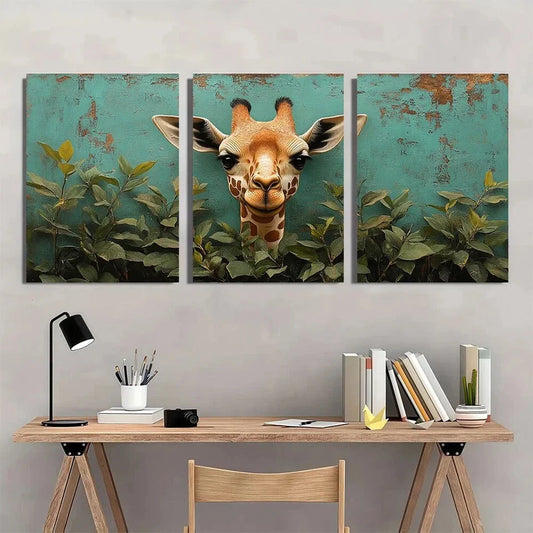 3pcs Whimsical Bubble Gum Giraffe Metal Print Ready to Hang Art