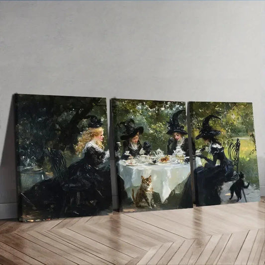 3pcs Witches Tea Party Painting Nature Perfect Wall Art Set Canvas Framed 40x60cm - High Quality Print 100% Australian Made Wall Canvas Ready to Hang