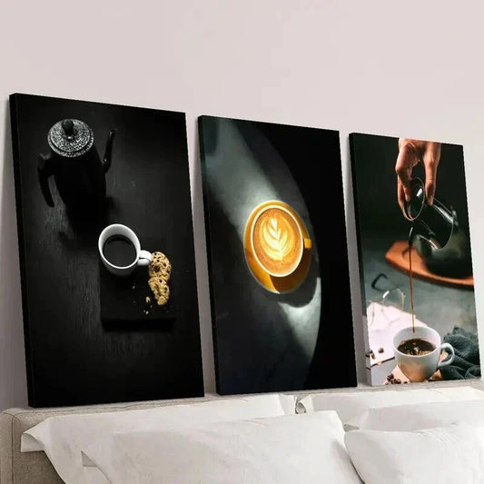 3pcs Black Espresso Coffee and Cake Wall Art Set Canvas Framed 40x60cm - High Quality Print 100% Australian Made Wall Canvas Ready to Hang