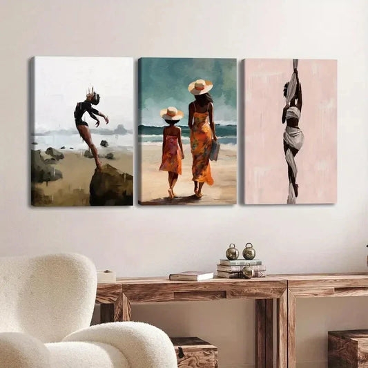 3pcs Fashion Artistic Vibrant Beach Scene Ladies Wall Art Set Canvas Framed 40x60cm - High Quality Print 100% Australian Made Wall Canvas Ready to Hang