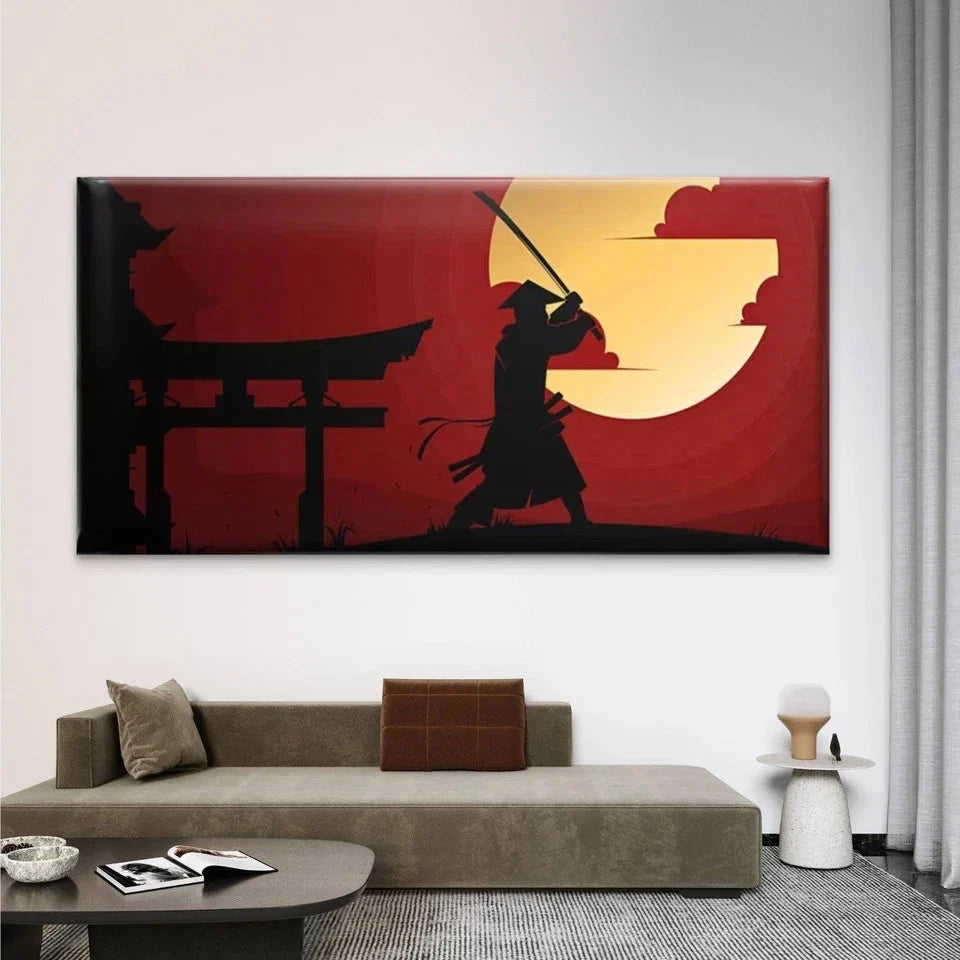 Samurai Sunset Silhouette Wall Art Canvas Office Home Room Framed 80x45cm