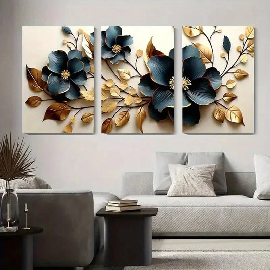 3pcs Blue and Golden Flower & Leaf Design Metal Print Ready to Hang Art