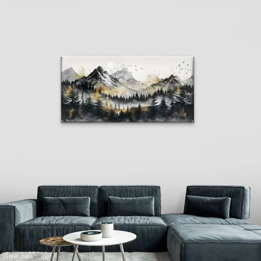 Mountains Trees Birds Wall Art Canvas Office Home Room Framed 80x45cm
