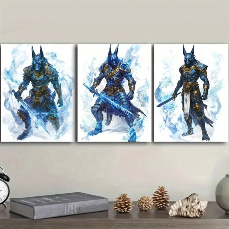 3pcs Anubis In Blue Armor Adventure Metal Print Ready to Hang Art
