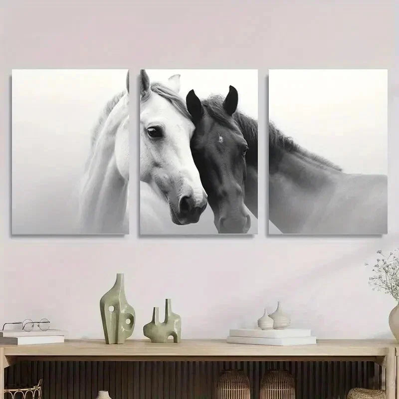 3pcs Black and White Horse Modern Classic Metal Print Ready to Hang Art