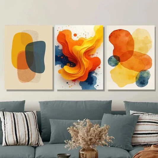 3pcs Orange, Yellow, Blue & Green Metal Print Ready to Hang Art