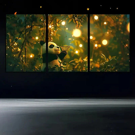 3pcs Cute Panda Stunning Golden Bubbles Metal Print Ready to Hang Art