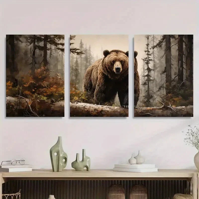 3pcs Brown Bear Forest Wildlife Nature Metal Print Ready to Hang Art