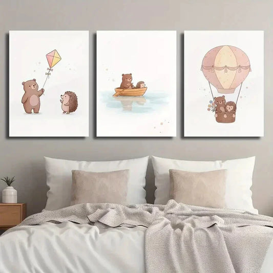 3pcs Cartoon Cute Bear and Hedgehog Animal Metal Print Ready to Hang Art