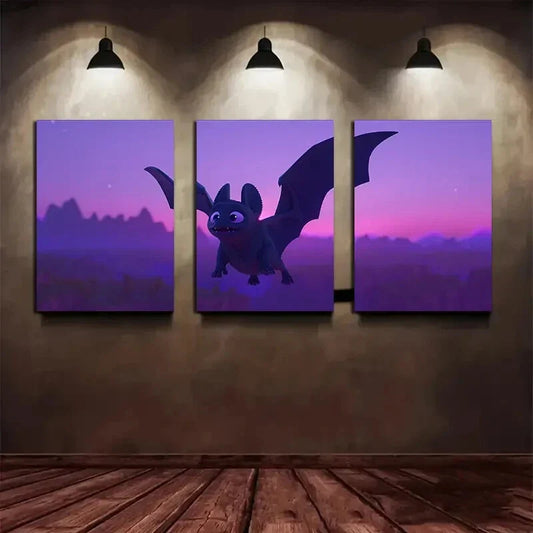 3pcs Black Bats Flying Purple & Black Metal Print Ready to Hang Art