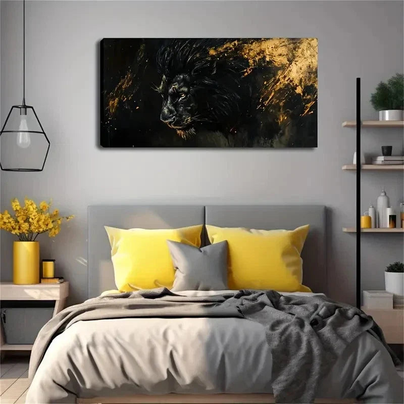 Black Lion Golden Mane Modern Wall Art Canvas Office Home Room Framed 80x45cm