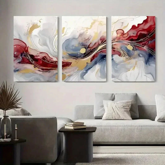3pcs Abstract Red, Blue, and Golden Fluid Metal Print Ready to Hang Art