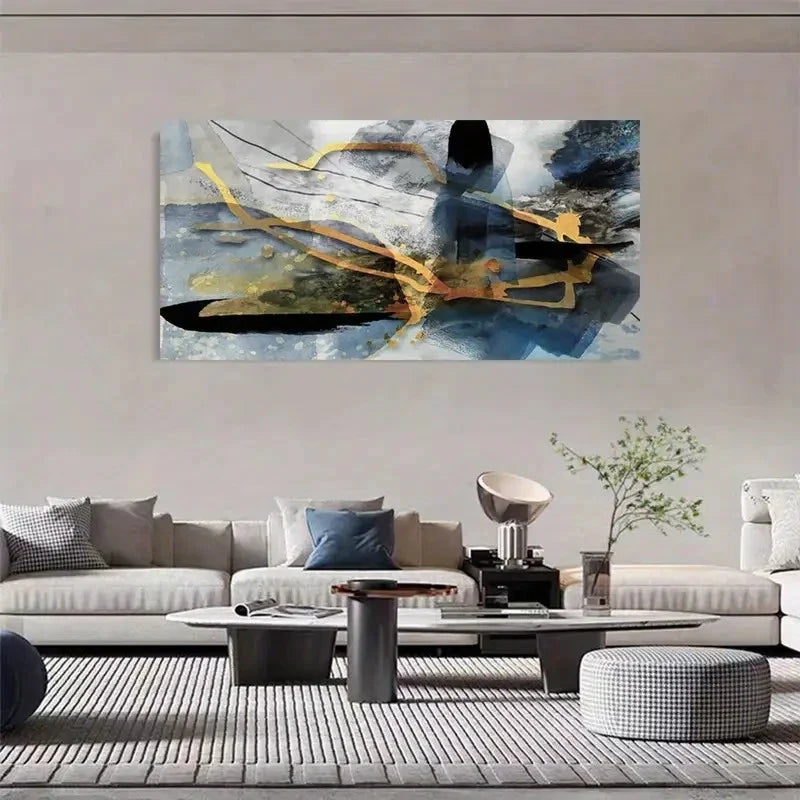 Blue Black & Golden Abstract Modern Wall Art Canvas Office Home Room Framed 80x45cm