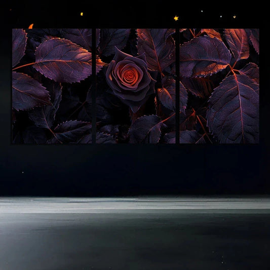 3pcs Purple Rose Floral Gray Leaves Metal Print Ready to Hang Art