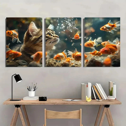 3pcs Curious Cat & Colorful Goldfish Aquarium Metal Print Ready to Hang Art