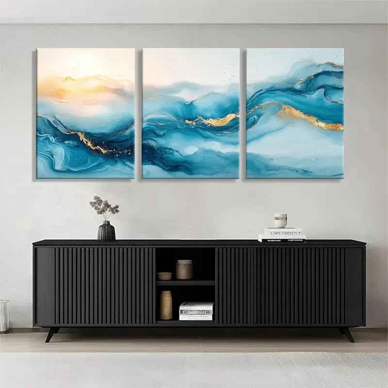 3pcs Blue and Golden Abstract Ocean Wave Perfect Wall Art Set Canvas Framed 40x60cm - High Quality Print 100% Australian Made Wall Canvas Ready to Hang