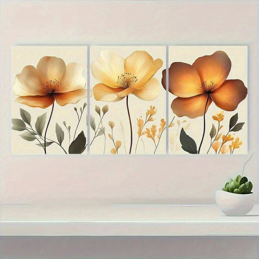 3pcs Elegant Golden Floral Green Leaves Metal Print Ready to Hang Art