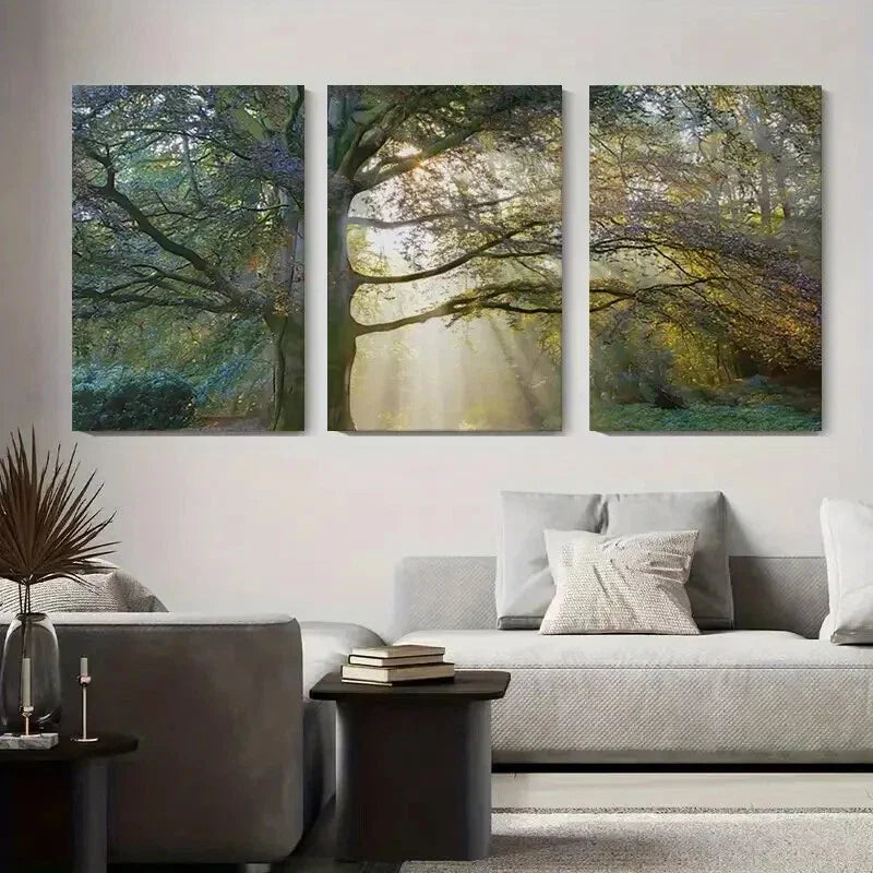 3pcs Sunlight Through Trees Serene Forest Metal Print Ready to Hang Art