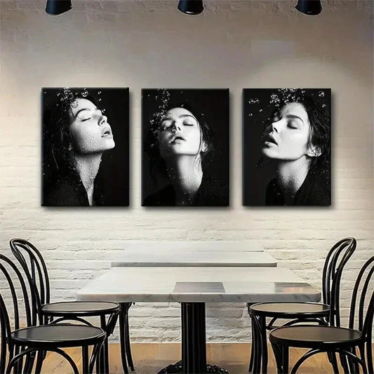 3pcs Elegant Woman with Water Bubbles Perfect Wall Art Set Canvas Framed 40x60cm - High Quality Print 100% Australian Made Wall Canvas Ready to Hang