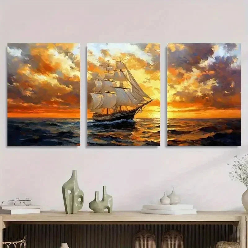 3pcs Dramatic Sunset & Ocean Waves, Classic Metal Print Ready to Hang Art