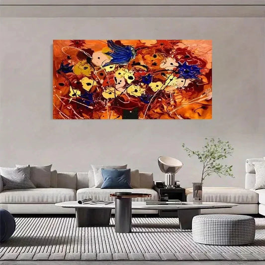 Vibrant Floral Abstract Leaves Wall Art Canvas Office Home Room Framed 80x45cm