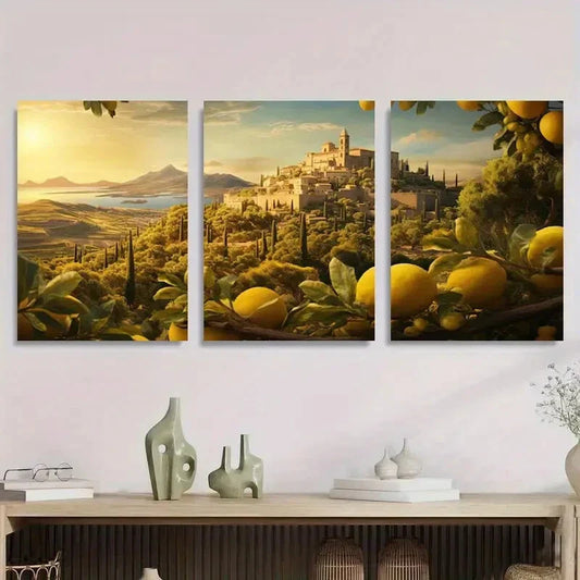3pcs Mediterranean Lemon Grove Metal Print Ready to Hang Art