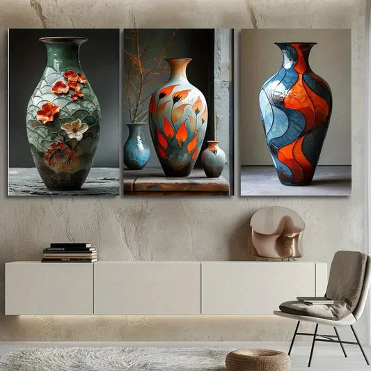 3pcs Colourful Painted Florals Vase Metal Print Ready to Hang Art