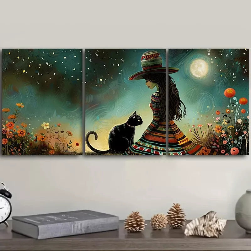 3pcss The Woman Is Next To The Cat Wall Art Set Canvas Framed 40x60cm - High Quality Print 100% Australian Made Wall Canvas Ready to Hang