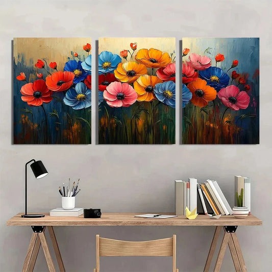 3pcs Colorful Flowers Vintage Abstract Botanical Metal Print Ready to Hang Art