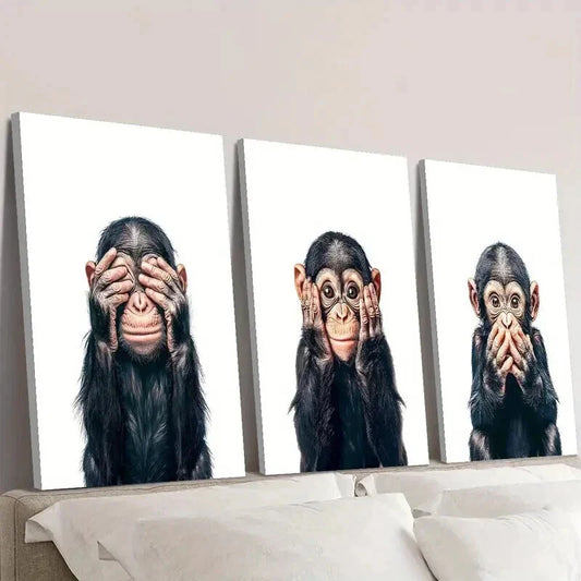 3pcs Playful Chimpanzee Expressions Wall Art Set Canvas Framed 40x60cm - High Quality Print 100% Australian Made Wall Canvas Ready to Hang