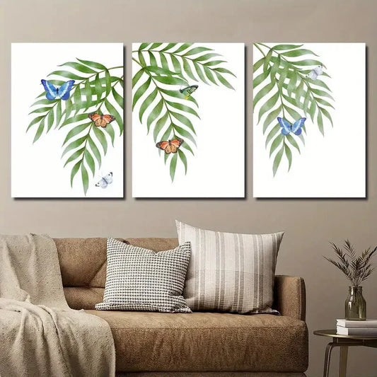 3pcs Tropical Palm And Colorful Butterfly Metal Print Ready to Hang Art
