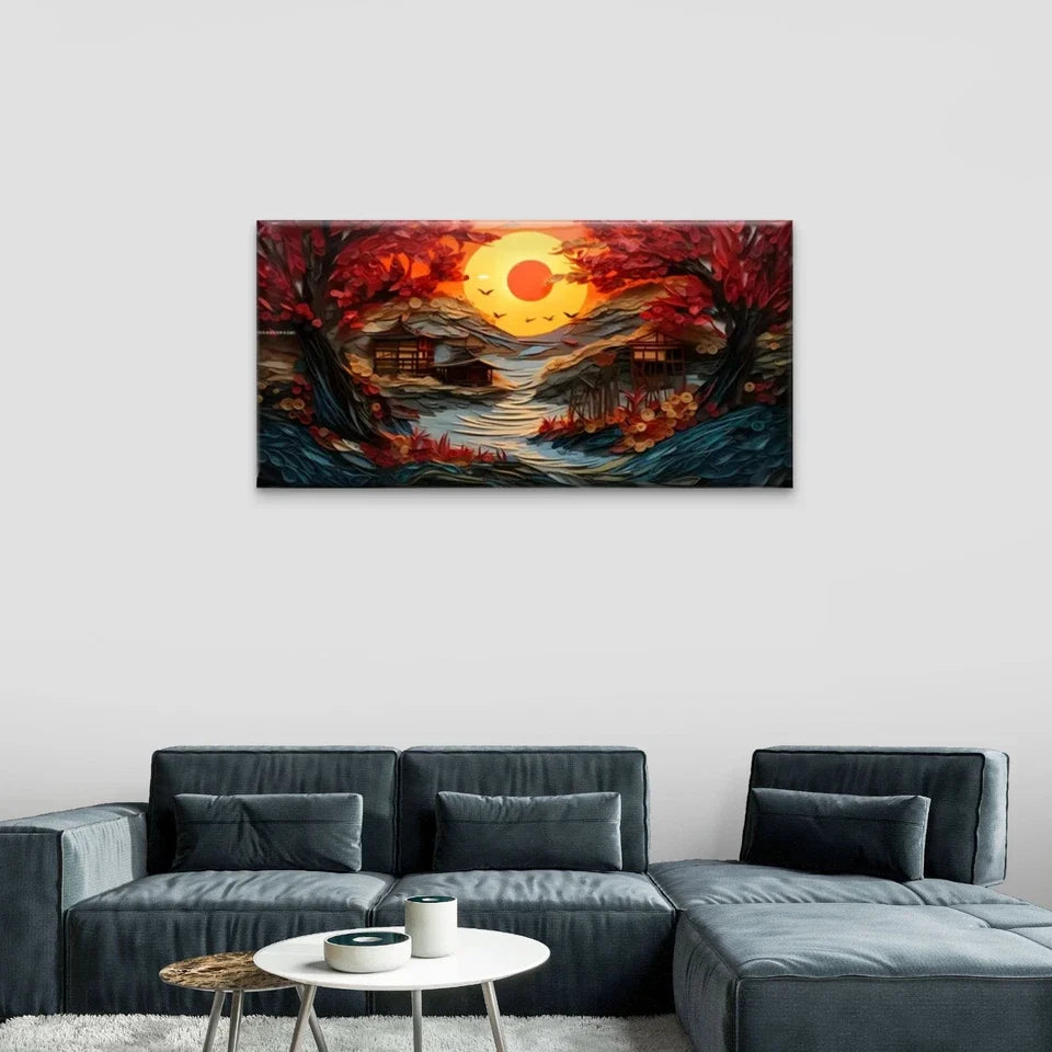 Sunset River Trees Red Perfect Wall Art Canvas Office Home Room Framed 80x45cm