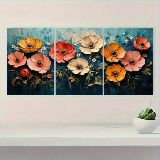 3pcs Colorful Poppy & Daisy Design Metal Print Ready to Hang Art