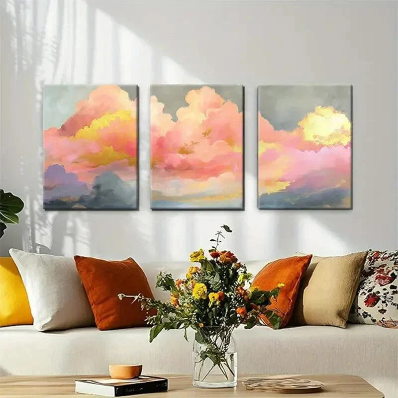 3pcs Abstract Cloud Landscape Pink Gold Perfect Wall Art Set Canvas Framed 40x60cm - High Quality Print 100% Australian Made Wall Canvas Ready to Hang