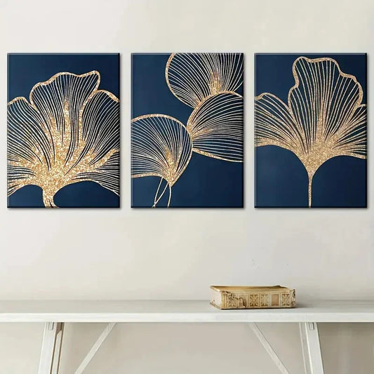 3pcs Elegant Golden Ginkgo Leaf on Navy Blue Wall Art Set Canvas Framed 40x60cm - High Quality Print 100% Australian Made Wall Canvas Ready to Hang