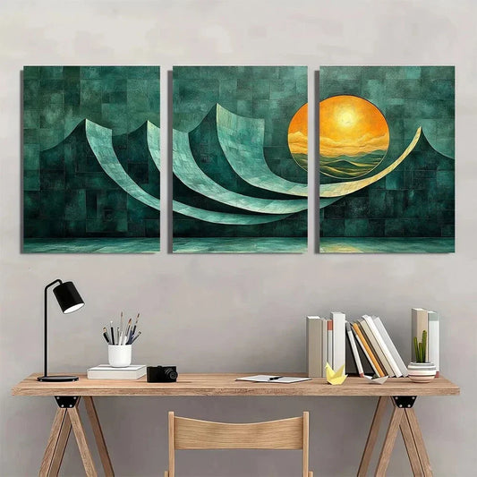 3pcs Green & Blue Abstract Moonlit Metal Print Ready to Hang Art