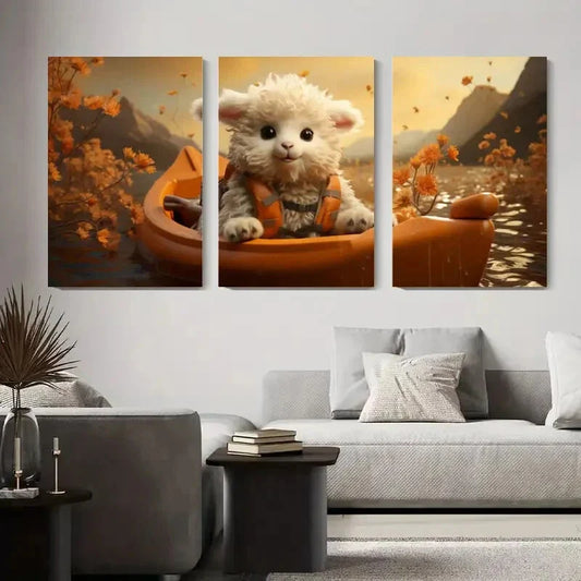 3pcs Whimsical Fall Foliage Scene with Orange Metal Print Ready to Hang Art