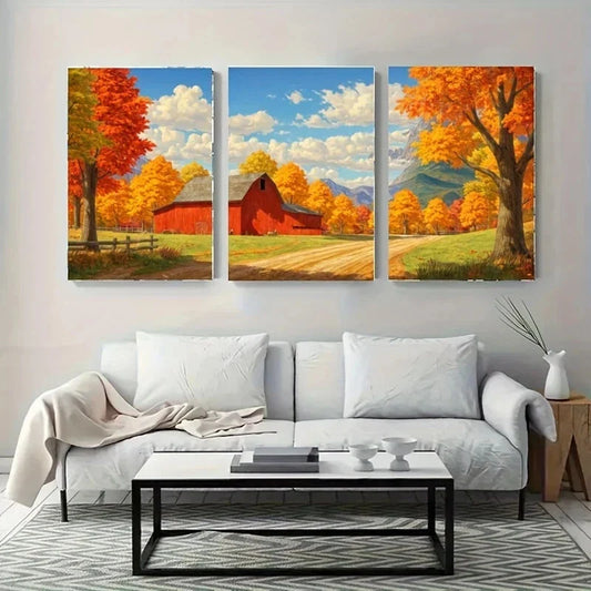 3pcs A Scenic Landscape Featuring a Red Barn Metal Print Ready to Hang Art