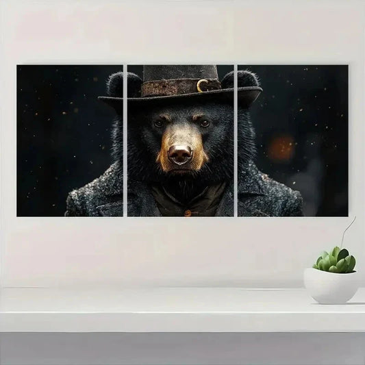 3pcs Charming Black Bear in Top Metal Print Ready to Hang Art