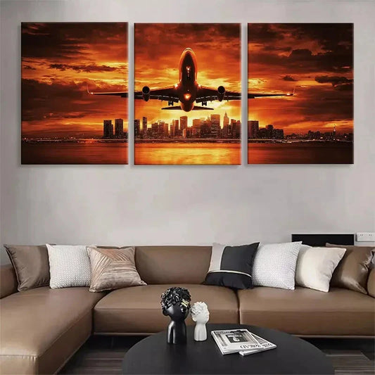 3pcs Vibrant Airplane Cityscape Skyline Perfect Wall Art Set Canvas Framed 40x60cm - High Quality Print 100% Australian Made Wall Canvas Ready to Hang