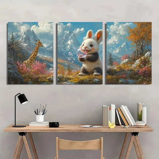 3pcs Pink Bubble Panda Rabbit Giraffe Metal Print Ready to Hang Art