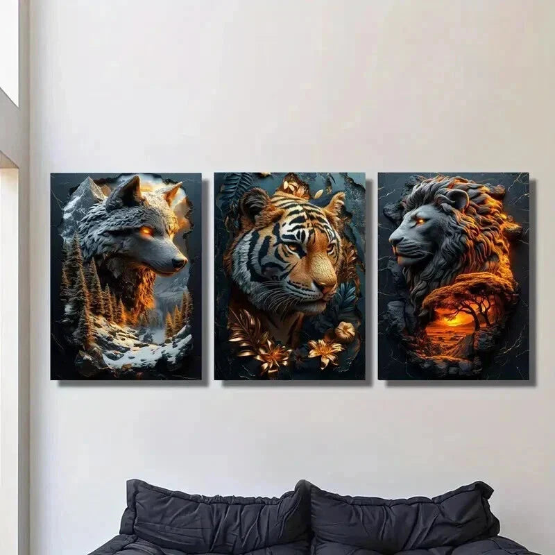3pcs Majestic Tigers Wolves & Lions in Forest Wall Art Set Canvas Framed 40x60cm - High Quality Print 100% Australian Made Wall Canvas Ready to Hang