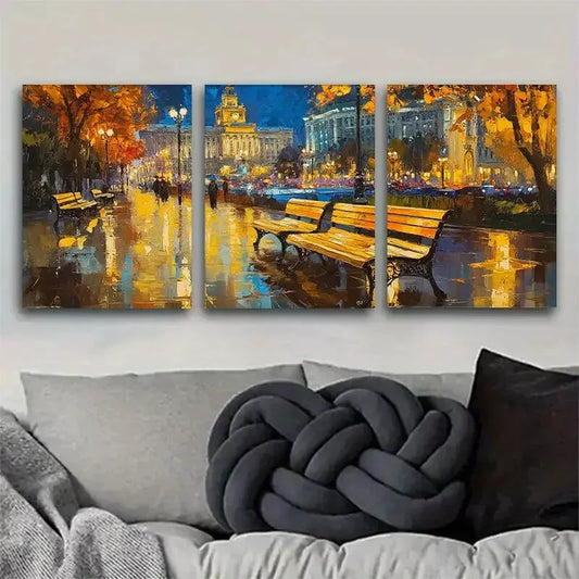 3pcs vibrant Autumn Night Cityscape Wall Art Set Canvas Framed 40x60cm - High Quality Print 100% Australian Made Wall Canvas Ready to Hang