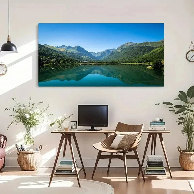Serene Lake & Green Mountains Wall Art Canvas Office Home Room Framed 80x45cm