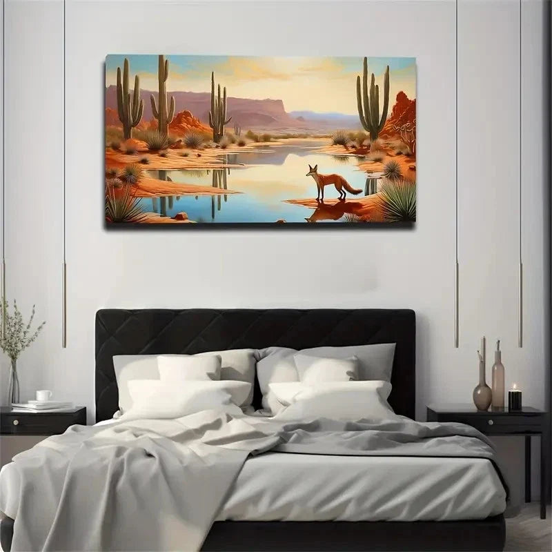 Little Fox In A Desert Oasis Wall Art Canvas Office Home Room Framed 120x60cm
