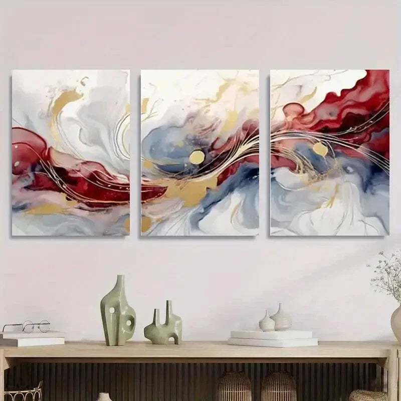 3pcs Abstract Red, Blue, and Golden Fluid Metal Print Ready to Hang Art